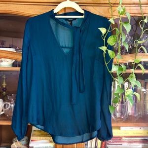 Turquoise silk blouse with neck line tie.